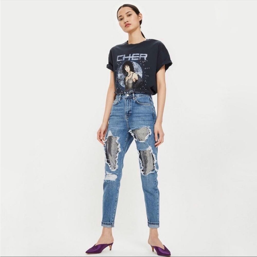 Topshop Chainmail Ripped High Waist Moto Mom Jeans 28 NWT Metallic Festival